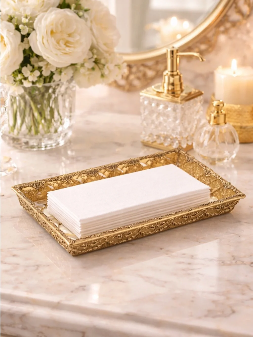 Gold Vanity Tray Guest Towel Holder Acrylic Ornate Vintage Style Bathroom Decor